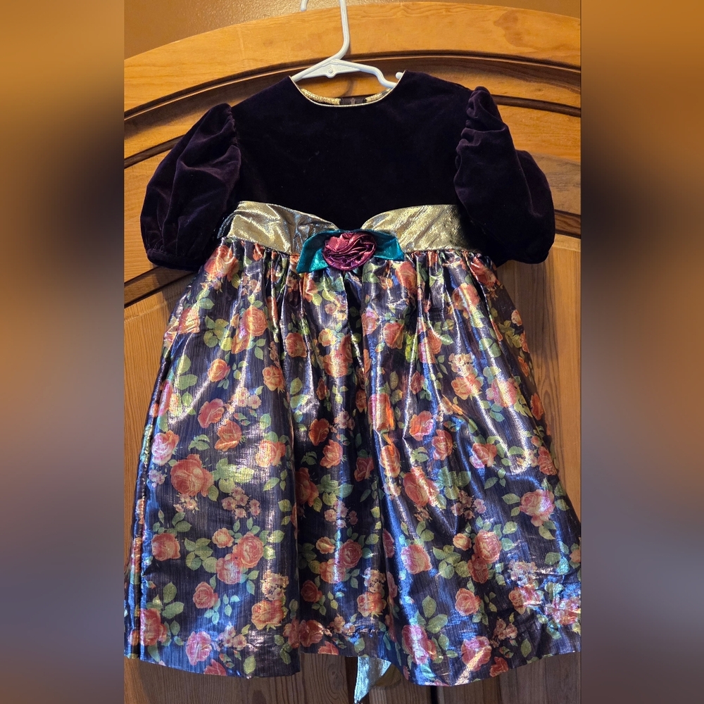Girls Size 6 Party Dress Bonnie Jean Purple Velvet Top Party Dress Metallic Flor